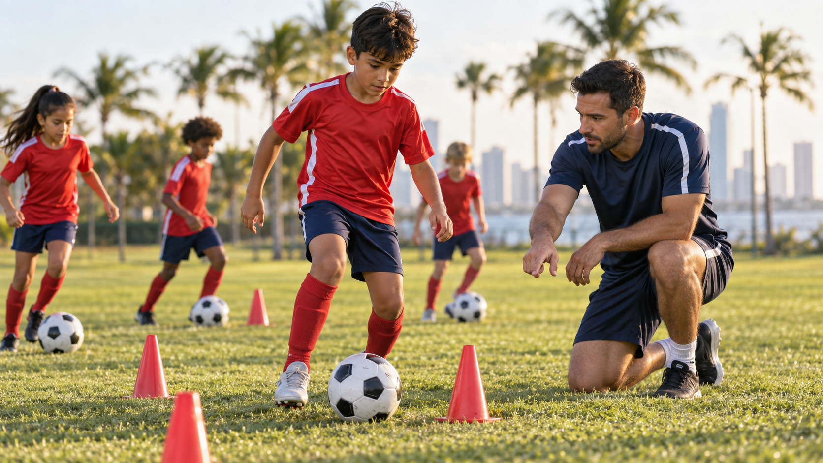 Coach teaching essential soccer skills to young players in Miami