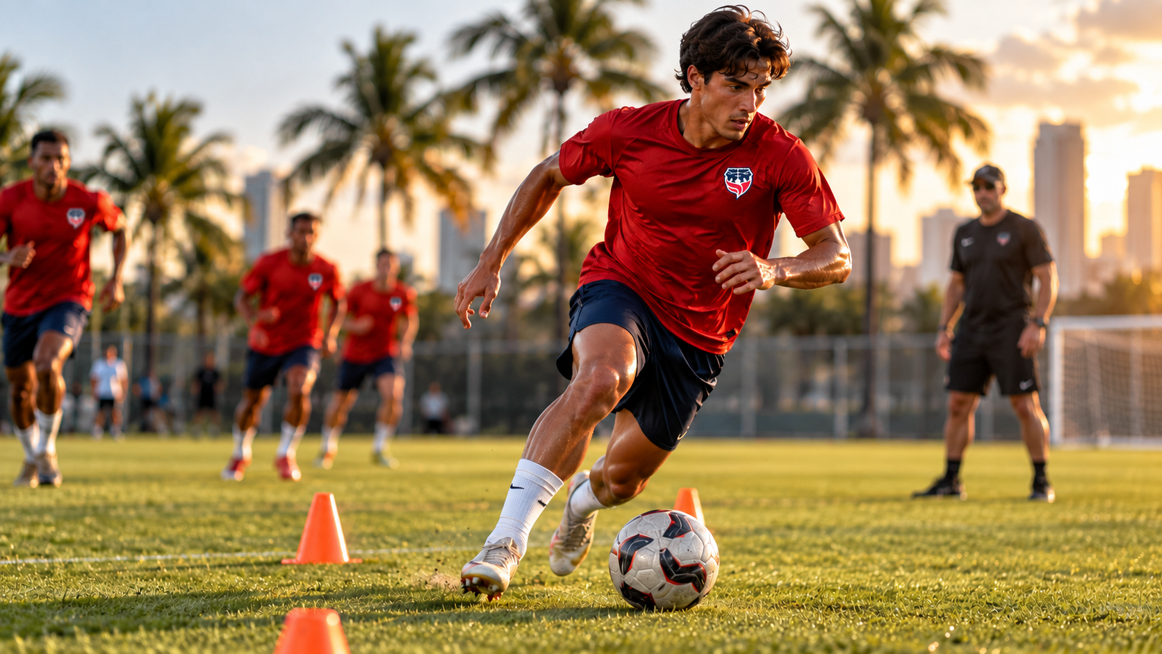 Competitive player participating in UPSL soccer tryouts in Miami