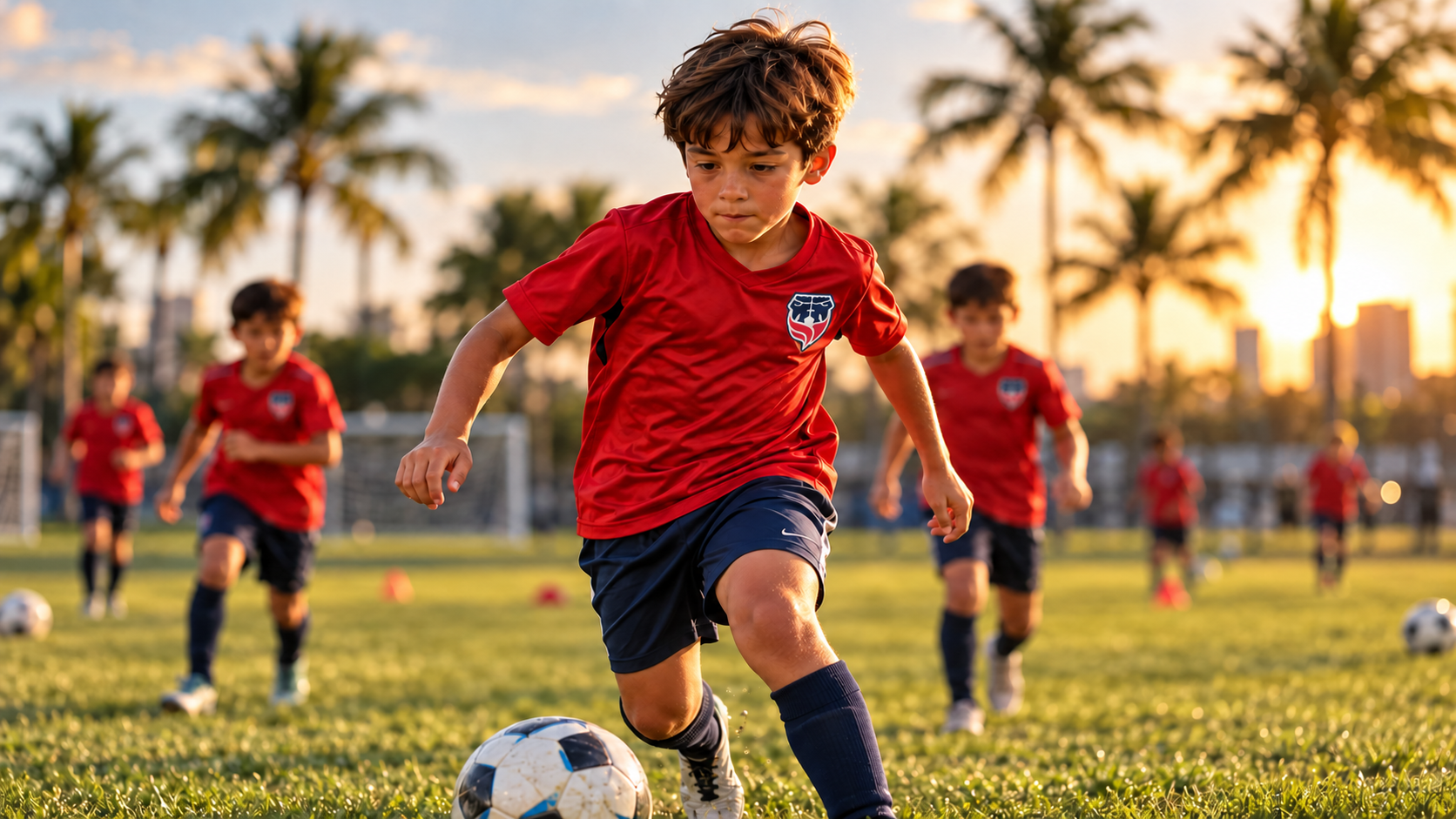 Young player training at Atlético Fortaleza youth soccer academy in Miami